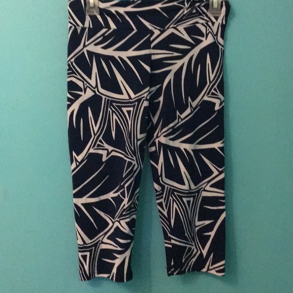 NAVY BLUE LEAF PRINT LEGGINGS WORKOUT ACTIVE Retro